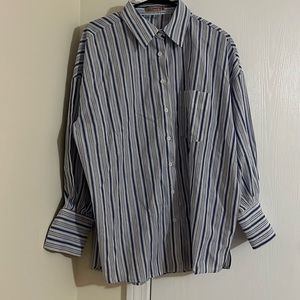 Blue and white striped long sleeve button down